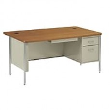 Sandusky® 60" x 30" Single Pedestal Steel Teachers Desk, Putty/Medium Oak