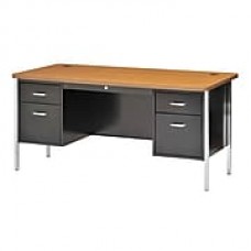 Sandusky® Steel Teachers Desk, 60W x 30D, Double Pedestal, Black/Medium Oak