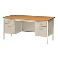 Sandusky Lee® 600 Series Steel Teachers Desk, 60W x 30D, Double Pedestal, Putty/Medium Oak