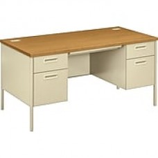 HON Metro Classic Double Pedestal Desk, 2 Box/2 File Drawers, 60"W, Harvest Laminate, Putty Finish  