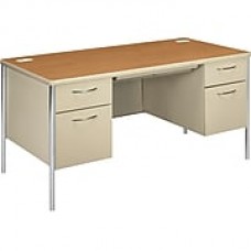 HON Mentor Double Pedestal Desk, 2 Box/2 File Drawers, Chrome Legs, 60"W, Harvest Laminate, Putty Finish  