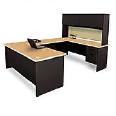 Pronto Desk 72" x 102" 'U' Shape  Double File Pedestal with Overhead Oak/Black/Beryl Tan (762805009052)