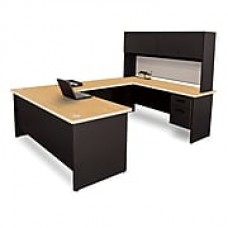 Pronto Desk 72" x 102" 'U' Shape  Double File Pedestal with Overhead Oak/Black/Chalk Gray (762805009069)