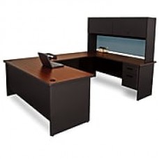 Pronto Desk 72" x 102" 'U' Shape  Double File Pedestal with Overhead Mahogany/Black/Slate Blue (762805009038)