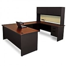 Pronto Desk 72" x 102" 'U' Shape  Double File Pedestal with Overhead Mahogany/Black/Beryl Tan (762805009014)