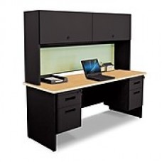 Pronto Desk 72" x 24" Double File Pedestal with Overhead Oak/Black/Peridot Green (762805009403)