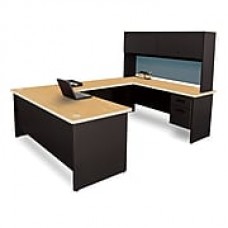 Pronto Desk 72" x 102" 'U' Shape Double File Pedestal with Overhead Oak/Black/Slate Blue (762805009076)