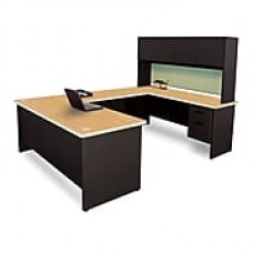 Pronto Desk 72" x 102" 'U' Shape Double File Pedestal with Overhead Oak/Black/Peridot Green (762805009045)