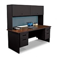 Pronto Desk 72" x 30" Double File Pedestal with Overhead Mahogany/Black/Slate Blue (762805009151)