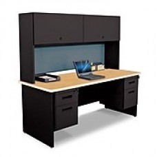 Pronto Desk 72" x 30" Double File Pedestal with Overhead Oak/Black/Slate Blue (762805009199)