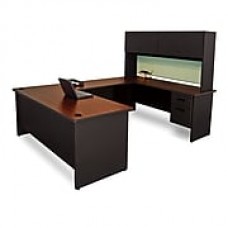 Pronto Desk 72" x 102" 'U' Shape Double File Pedestal with Overhead Mahogany/Black/Peridot Green (762805009007)