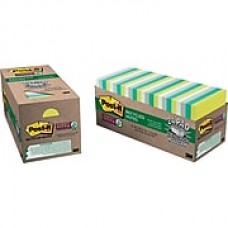 Post-it® Recycled Super Sticky Notes, 3" x 3", Bora Bora Collection, 24 Pads/Cabinet Pack (65424SSTCP)