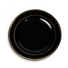 Silver Splendor Plastic Black With Gold Round China Like Plate 10"