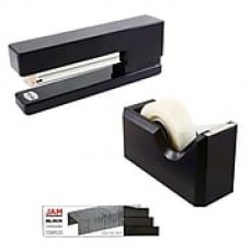 JAM Paper® Office & Desk Sets, (1) Tape Dispenser (1) Stapler (1) Pack of Staples, Black, 2/pack