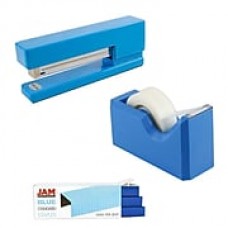 JAM Paper® Office & Desk Sets, (1) Tape Dispenser (1) Stapler (1) Pack of Staples, Blue, 3/pack