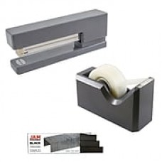 JAM Paper® Office & Desk Sets, (1) Tape Dispenser (1) Stapler (1) Pack of Staples, Grey and Black, 3/pack