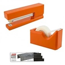 JAM Paper® Office & Desk Sets, (1) Tape Dispenser (1) Stapler (1) Pack of Staples, Orange and Black, 3/pack