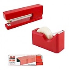 JAM Paper® Office & Desk Sets, (1) Tape Dispenser (1) Stapler (1) Pack of Staples, Red, 3/pack