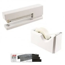 JAM Paper® Office & Desk Sets, (1) Tape Dispenser (1) Stapler (1) Pack of Staples, White and Black, 3/pack